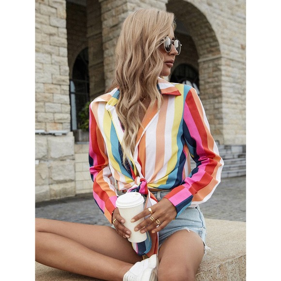 Colorful Rainbow Striped button up Knotted Crop top - Picture 3 of 7